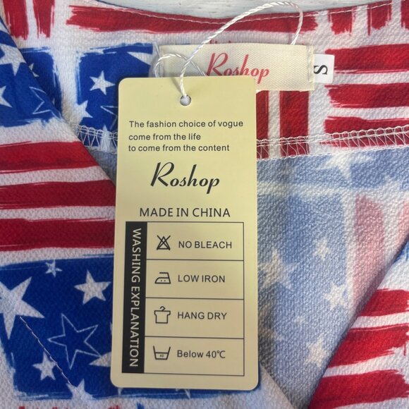 Roshop Flag Print Tie Button Front Shirt Womens Small Blue Red New Short Sleeve - Picture 9 of 10